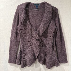 Karen Scott Womens Cardigan Purple Long Sleeve Open Knit Ruffle Size PL